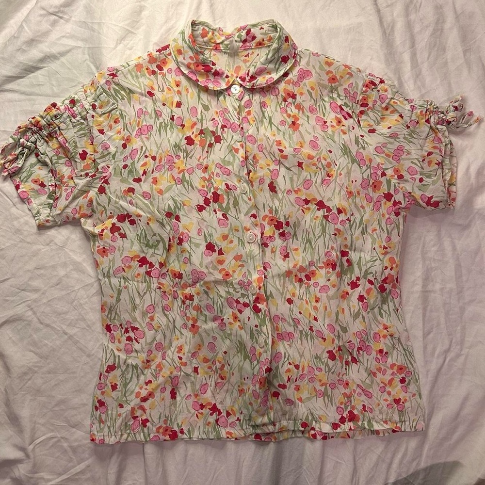 VTG FRENCH WARM TONE SPRING FLOWERS SHEER BABY DOLL BUTTON UP TEE Y2K